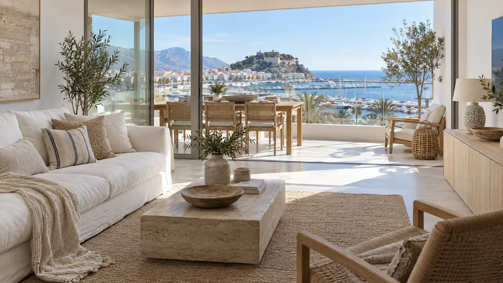 Frisch vorbereitetes Wohnzimmer eines Ferienhauses mit Blick über Dénia